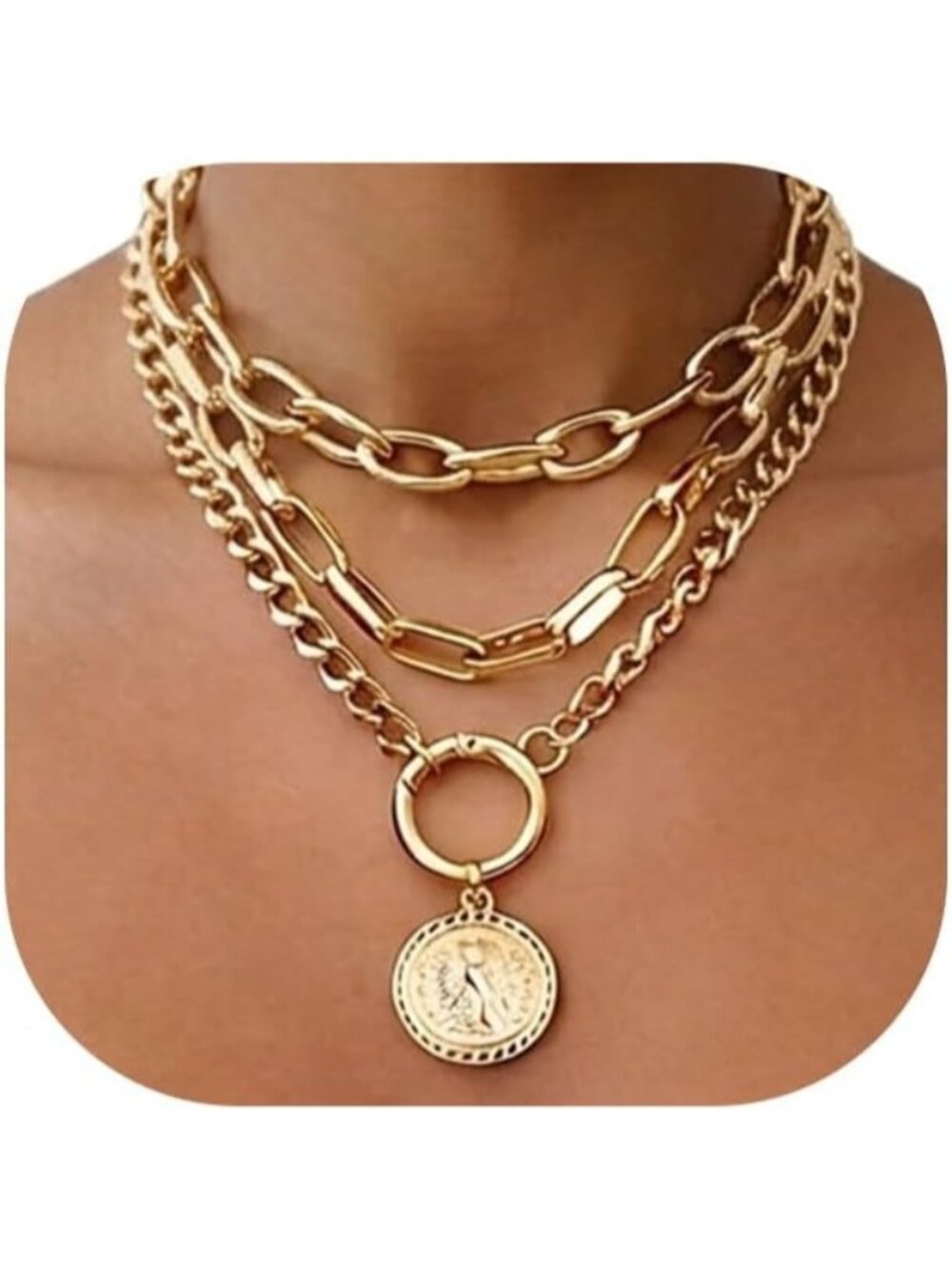 Women's Medallion Chunky Vintage Gold Layered Set Cuban Link Chain Necklace
